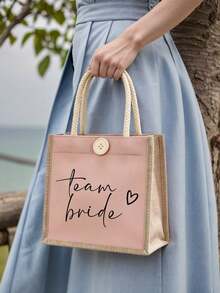 Damen Team und Braut&Herz-förmige Handtasche - Strapazierfähige Leinenhandtasche mit eleganten Schreibschrift-Buchstaben und Herzmustern, modische Alltagshandtasche, Brautjungfern-Party-Hochzeitsaccessoire, geeignet für Wochenendurlaube, Strandausflüge und Sommerurlaube, Hochzeitsandenken, Schulanfang, Sommer, Neujahr, Eid al-Fitr, Valentinstag, Weihnachten oder Erntedankfest als perfektes Geschenk. - Verschiedenfarbig - Übersicht 1