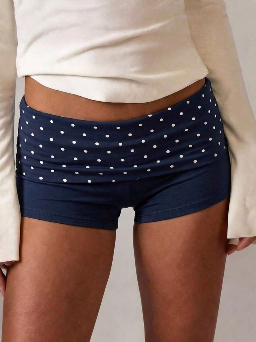 Pantalones cortos ajustados con puños de lunares azul marino, conjunto de verano Y2K para mujer - Multicolor - Ver 1