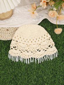 1 chiếc mũ chống nắng phong cách Bohemian đan len họa tiết hoa rỗng đính ngọc trai giả và tua rua - Nhiều màu - Xem 5