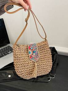 Summer Fashion Versatile Casual Handwoven Large Capacity Beach Straw Crossbody Bag - Khaki - View 10