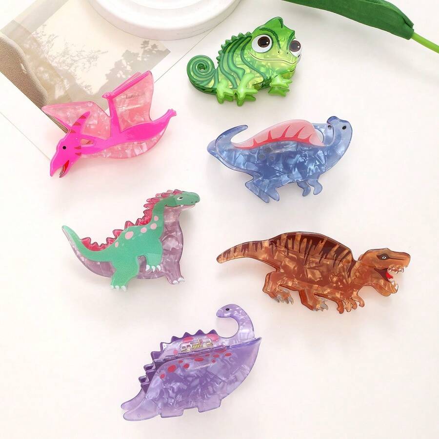 1/6 piezas Pinzas de pelo de acetato elegantes y lujosas con diseño de dinosaurio animal Tiranosaurio Rex, adecuadas para uso diario, viajes, cumpleaños - Multicolor - Ver 1