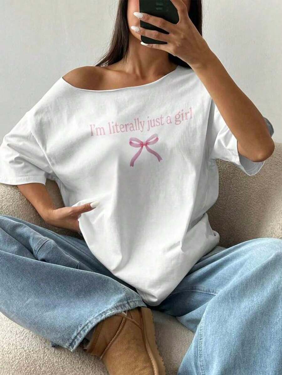 200g Cotton 1 Piece Loose Fit T-Shirt With Off-The-Shoulder Neckline, Slogan And Butterfly Details, Oversized Style Y2K, Pink Graphic T-Shirt For Women - 白色 - 查看 1