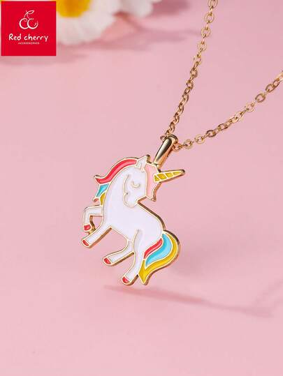 1pc Girls' Animal Unicorn Zinc Alloy Colorful Oil Drop Pendant Necklace, With Gold Chain, Suitable For Daily Wear, Jewelry