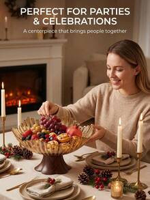 1pc High-Foot Decorative Glass Fruit Bowl With Waterproof Walnut Wood Base, Large Capacity, Scratch-Resistant And Easy To Clean, Suitable For Coffee Table, Wedding, Ramadan Iftar And Housewarming Gift - View 8