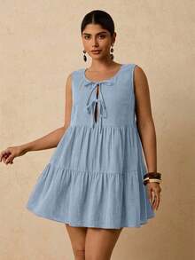 Vestido mini negro de algodón con lazo delantero y sin mangas, versátil y casual, talla grande - Multicolor 2 - Ver 11