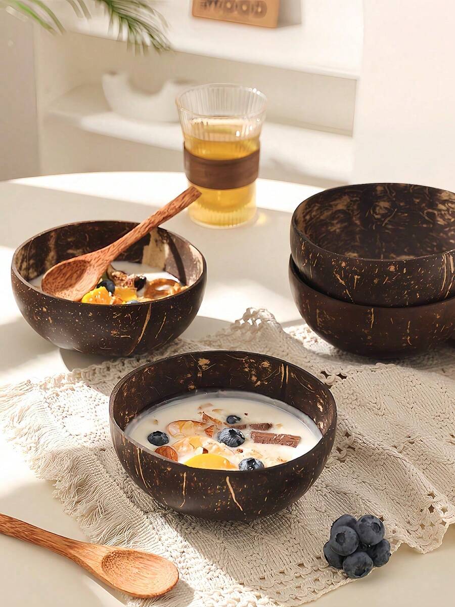 Organic Coconut Shell Bowl With Spoon, Reusable Natural Coconut Bowl Suitable For Home, Camping, Summer Desserts, Holiday Party Decoration And Gifts - Multicolor - View 1