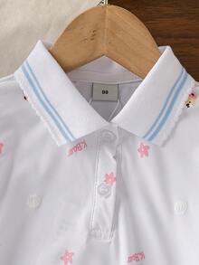 Áo thun tay ngắn cổ polo in họa tiết toàn thân cho bé gái, thích hợp cho mùa hè. - trắng - Xem 3