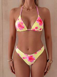 Bộ bikini hai mảnh kiểu dáng nghỉ mát dành cho nữ, in họa tiết, kiểu dây buộc cổ và tam giác, thích hợp cho kỳ nghỉ trên đảo và chụp ảnh trên bãi biển mùa hè. - Nhiều màu - Xem 1