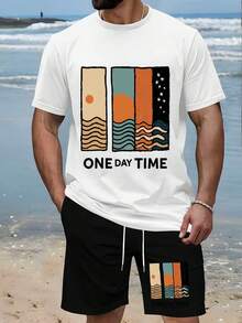 2-Piece Set For Men, Vintage Style Casual And Unique Summer Two-Piece Set With Exquisite Roll-Up Sleeves And Scroll Decoration, Cartoon Print, Lightweight, Breathable, And Sweat-Absorbent Fabric - Sky Blue - View 6