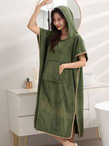 1pc Women's Soft Absorbent Hooded Sleeveless Solid Color Minimalist Plus Size Bathrobe, Suitable For All Seasons, Wearable Cute Poncho, Quick-Dry Changing Robe, Hooded Towel Poncho, Outdoor Beach Surfing Swimming Changing Gown - Dark Green - View 1