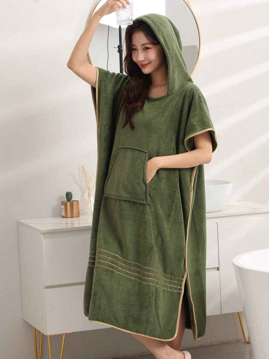 1pc Women's Soft Absorbent Hooded Sleeveless Solid Color Minimalist Plus Size Bathrobe, Suitable For All Seasons, Wearable Cute Poncho, Quick-Dry Changing Robe, Hooded Towel Poncho, Outdoor Beach Surfing Swimming Changing Gown - Dark Green - View 1