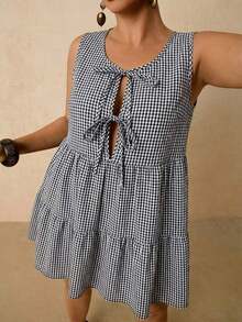 Vestido corto sin mangas de algodón negro con lazo frontal versátil y casual de talla grande - Multicolor 5 - Ver 3