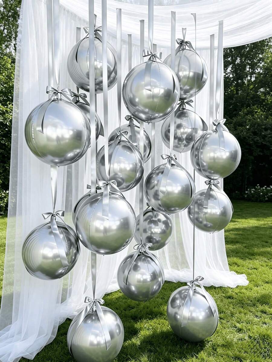 20/10pcs 18-Inch Silver 4D Balloons With Silver Polyester Ribbons And Packaging Paper, Portable For Indoor Decoration, Party, Wedding And Home Gathering - Silver - View 1