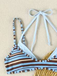 New Spring/Summer Vintage Blue Striped Patchwork Halter Casual Sexy Elegant Bikini Swimsuit Set, Suitable For Beach, Vacation, Party - Multicolor - View 5