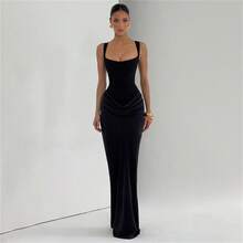 Women's Solid Color Sexy Bodycon Dress, Sleeveless Square Neck Ruched Maxi Gown, Elegant Formal Evening Party Dress - Black - View 5