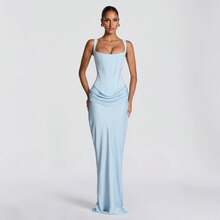 Women's Solid Color Sexy Bodycon Dress, Sleeveless Square Neck Ruched Maxi Gown, Elegant Formal Evening Party Dress - 藍色 - 查看 6