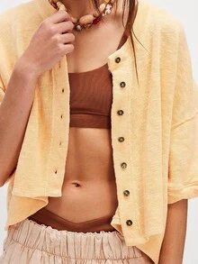 Women Half Sleeve Cropped Cardigan Shirt Short Sleeve Button Down Open Front Crewneck Loose Fit Knit T Shirt Y2k Casual Crop Tops Summer Fall Lightweight Jacket Outwear - Amarillo - Ver 2