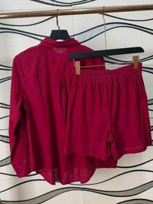 Linen Shirt And Shorts Set (2 Pieces) - Purple - View 5