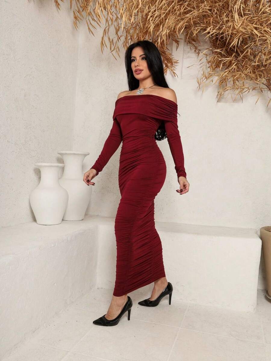 Long-Sleeved Dress - 酒紅色 - 查看 1