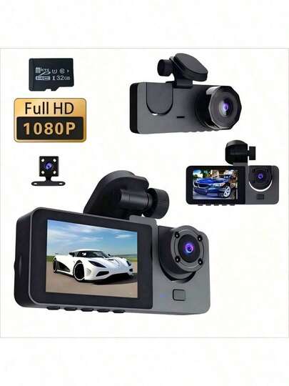 Cámara de salpicadero con 3 lentes y visión nocturna, tres cámaras frontales de 1080P incorporadas, DVR de automóvil de gran angular, pantalla IPS de 2.0", modo de detección de movimiento de 24 horas y estacionamiento, tarjeta de almacenamiento de 32GB, grabación en bucle, capacidad de batería de 150mAh