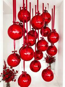 10pcs 18-Inch Red 4D Balloons With Red Polyester Ribbons And Packaging Paper, Portable For Indoor Decoration, Party, Wedding And Home Gathering - Red - View 5