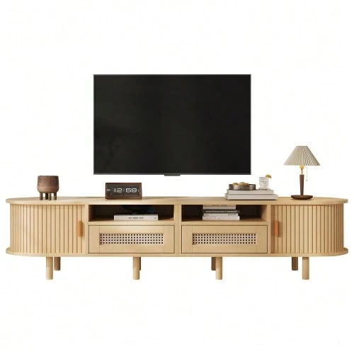 Oval TV Stand 170*40*40 Cm, TV Table, TV Cabinet With 2 Rattan Design Drawers, 2 Sliding Doors, Low Table And TV Table For TVs Up To 70 Inches, TV Board And TV Chest, Wood Color. - 駝色 - 查看 1