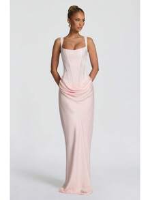 Women's Solid Color Sexy Bodycon Dress, Sleeveless Square Neck Ruched Maxi Gown, Elegant Formal Evening Party Dress - Hồng - Xem 2