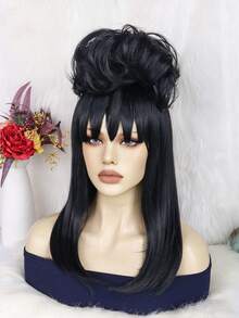 Schwarze Perücke mit vollem Pony und hohem Dutt, hitzebeständiges, seidiges, mattes und realistisches Haar, dunkler, edler Gothik-Stil, atmungsaktive Innenkappe, leicht zu tragen. Ideal für Halloween-Party, dunkle Cosplay, Retro-Hofball und Bühnenauftritte für Frauen. - Schwarz - View 6