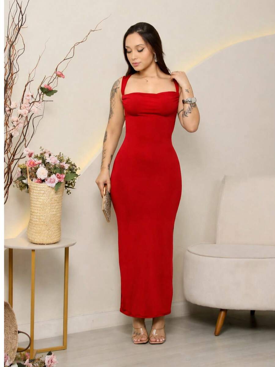 Women's Elegant Midi Fitted Long Dress In Spandex With Open Back Tie - Modern Chic - 紅色 - 查看 1