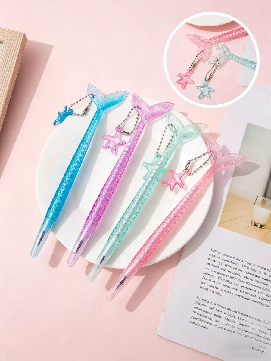 Bộ 10 bút dạ kim tuyến hình đuôi nàng tiên cá kèm mặt dây chuyền hình ngôi sao, bút mực nước hình nàng tiên cá, thiết kế trang nhã, thân bút hình bầu dục bằng nhựa, nắp bấm, ngòi cỡ trung bình, mực đen 0.5mm - Lý tưởng cho người lớn dịp tựu trường, văn phòng phẩm, sinh nhật, tiệc mừng em bé (1/3/5/10 chiếc)