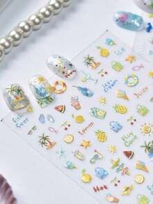 1pc Iridescent Shell Light Tropical Nail Stickers, 3D Raised Ice Cream & Lemon Nail Decals, Waterproof Nail Art Stickers For Women - Multicolor - View 3