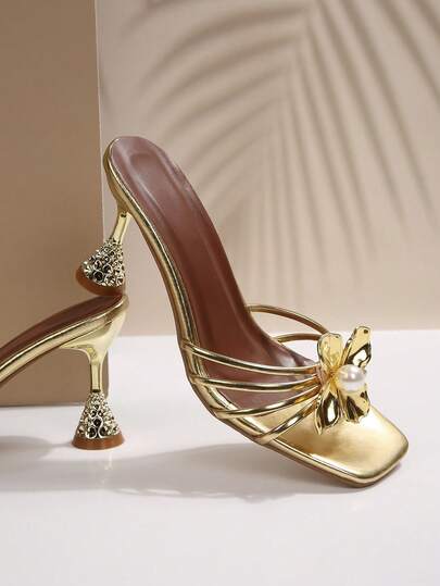 New Fashion Summer Women's Shoes, Stiletto Heel, Pointed Toe, Slip-On, Gold Floral High Heel Mules, Women Sandals