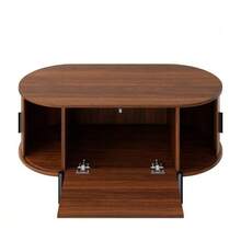 Oval Coffee Table With Rattan, Sliding Doors, Wood Look, Metal Legs, Multifunctional Living Room Table With Storage Space. - Brown - View 10