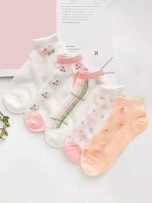 5 pares de calcetines de tobillo finos y transparentes para mujer en verano, con diseños florales lindos, ideales para primavera, otoño y verano - Multicolor - Ver 1