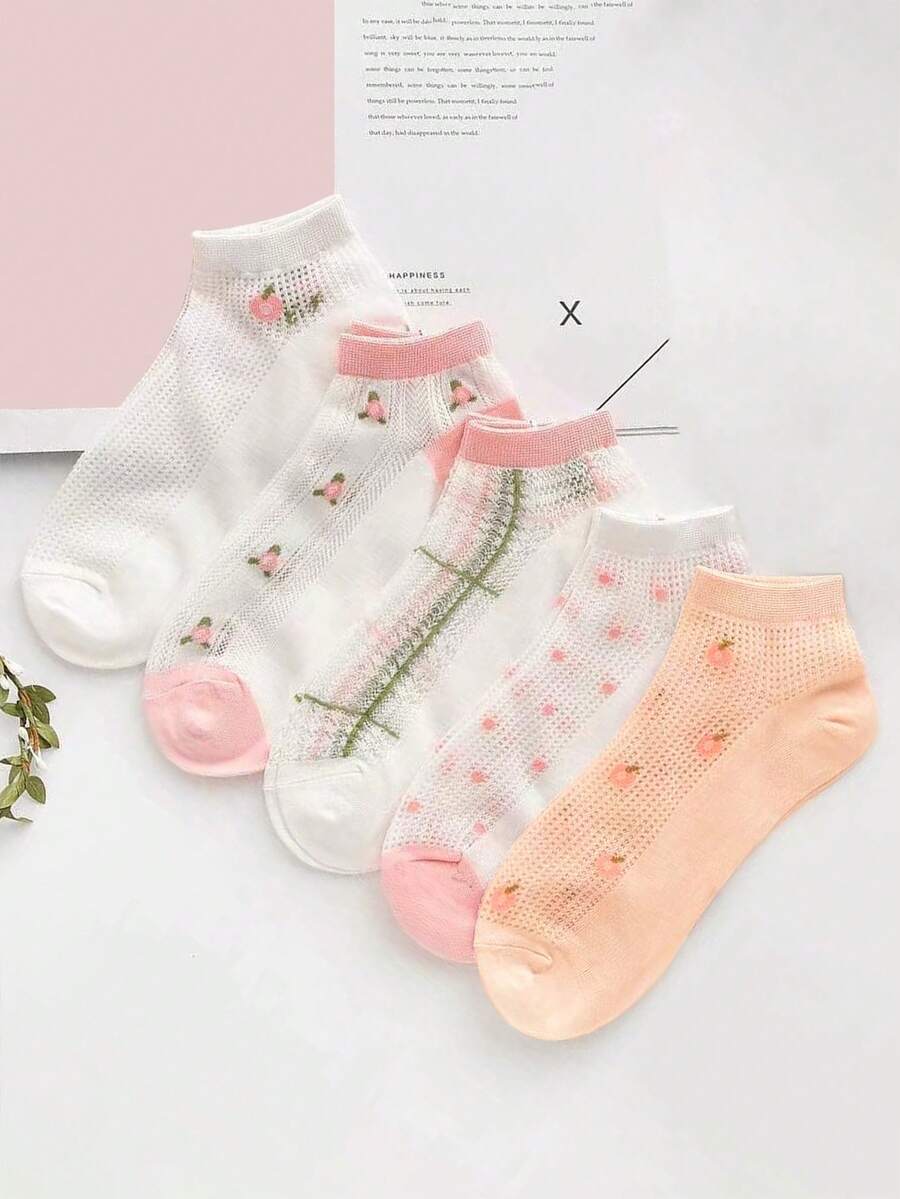 5 pares de calcetines de tobillo finos y transparentes para mujer en verano, con diseños florales lindos, ideales para primavera, otoño y verano - Multicolor - Ver 1