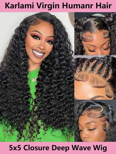KARLAMI 14-30 Inch 5x5 Deep Wave Lace Closure Wig, Human Hair Transparent Lace Front Wig Pre-Plucked Bleached Knots 180% Density Deep Curly Human Hair Wig, Natural Color