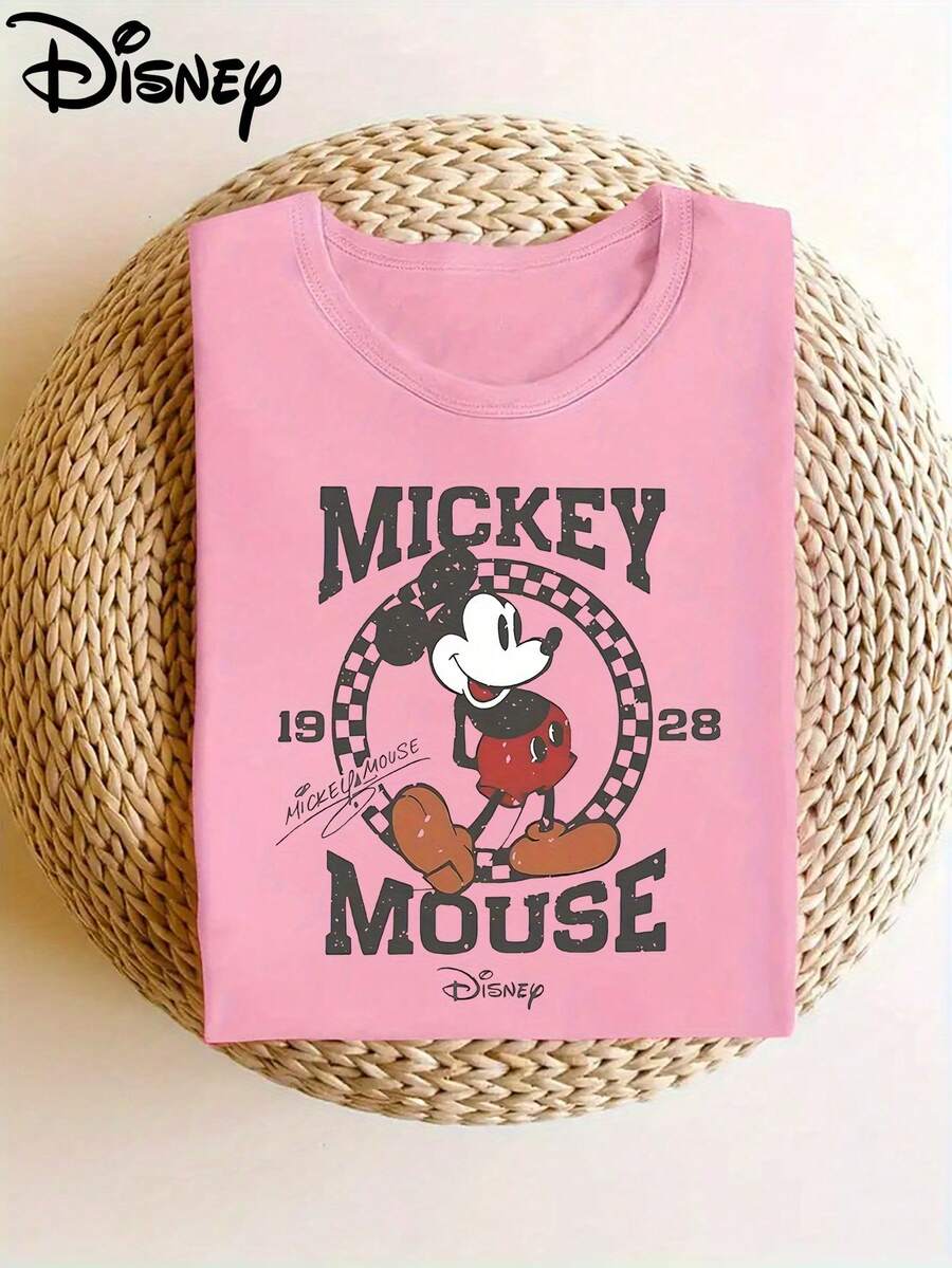 Disney Women's T-Shirt Mickey Cute Shadow Print Soft And Elastic Casual Short Sleeved Top, Fashionable Short Sleeved Round Neck T-Shirt, Women's Clothing - 粉色 - 查看 1