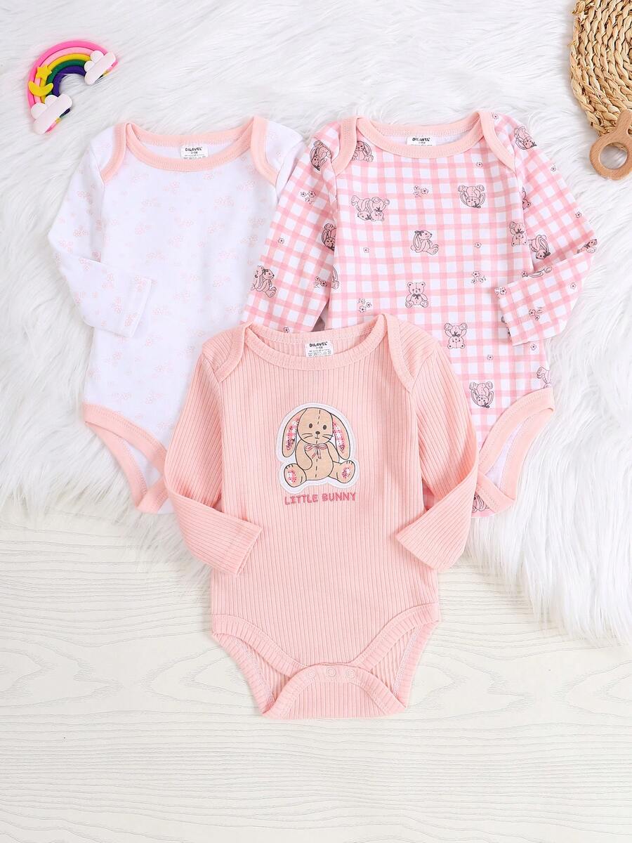 DILAVEL 3 piezas/Set Monos nuevos de primavera/verano para bebé niña, adecuados para 0-9 meses, con patrón de bordado de pato Ha Yi, para uso al aire libre - Rosa Pálido - Ver 1