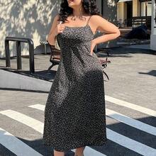 Plus Size Woven Navy Blue Background White Floral Print Dress,Beach Dress Sundress,Holiday Outfits Boho - Blanco y Negro - Ver 5