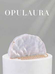 OpulAura Vintage Textured Shell-Shaped Metal Color Clutch Bag, Asymmetric Design, Magnetic Closure, Perfect For Parties, Weddings, Graduations, Galas, Birthdays, And Dance Events - White - View 2