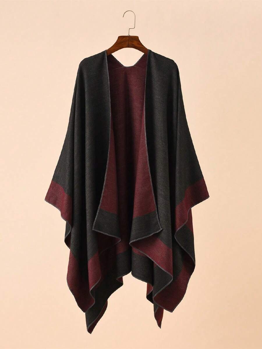 Women's Casual Vacation Style Color Block Poncho - Black and Red - View 1