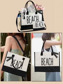 The Beach Tote Bag Set, Unique "Beach"Design, Simple Large-Capacity Shoulder Bag With A Portable Cosmetic Bag - Multicolor - View 6