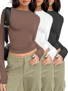 Top à manches longues, col rond, taille cintrée, coupe slim pour femmes - Multicolore - Voir 1