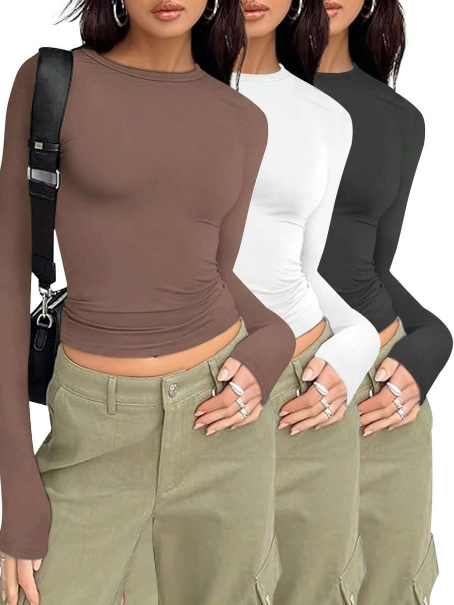 Top à manches longues, col rond, taille cintrée, coupe slim pour femmes - Multicolore - Voir 1