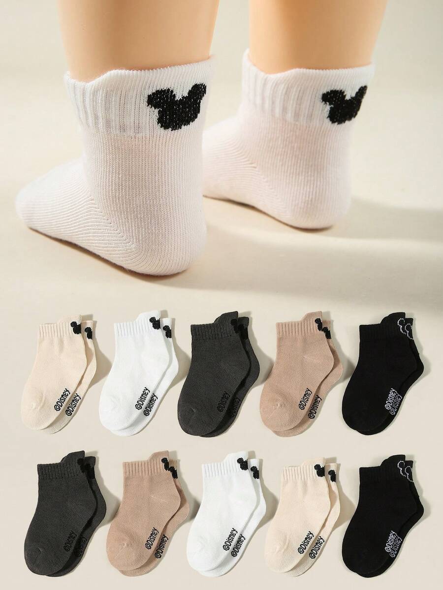 1/5/10 Pairs Disney Socks For Kids, Spring/Summer Classic Solid Color Series, Minimalist Fashion Mickey Mouse Ear/Mickey Mouse Pattern Decor, Skin-Friendly Soft Comfortable Breathable Casual Sports Socks, Suitable For Holiday Gifts/Back To School/Travel/Daily Matching/Leisure Sports, Random Color - Multicolor - View 1
