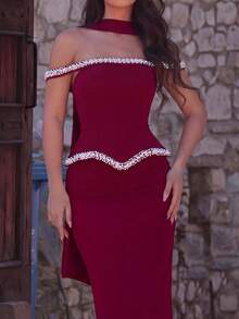 Faeriesty Women's Off-Shoulder Maxi Dress, Detachable Waist Belt, Pearl & Diamond Decor, High Slit Back Design Fall Party - Burgundy - View 6