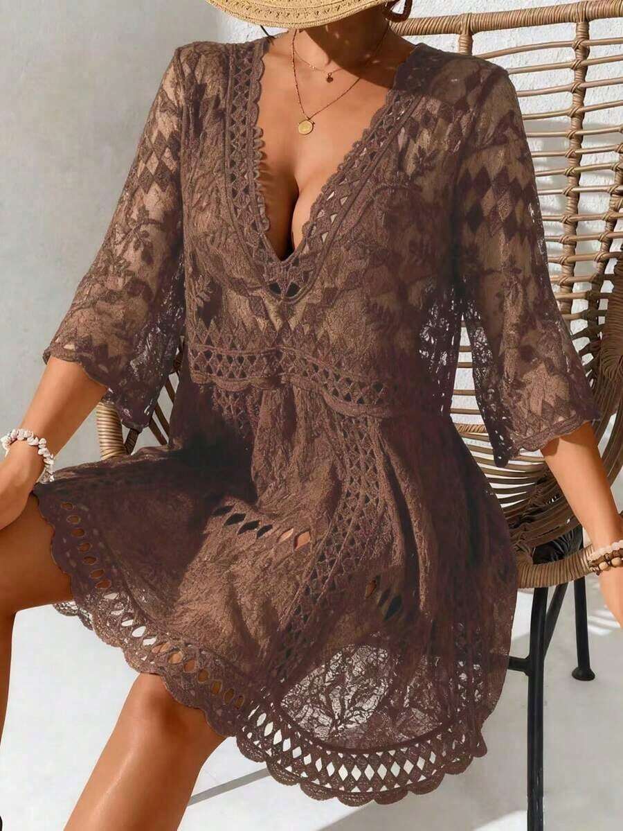 Swim Vcay Vestido cubre-bikini con cuello en V profundo con bordado geométrico de malla y manga 3/4 para mujeres - Café integral - Ver 1