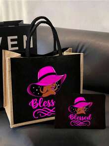 Lightweight Tote Bag Set, Unique "Blessing" Design, Minimalist Large Capacity Shoulder Bag With Portable Cosmetic Bag, Casual Storage Tote, Multifunctional Shopping Bag, Personalized Gift Bag Or Lunch Bag. - Multicolor - View 15