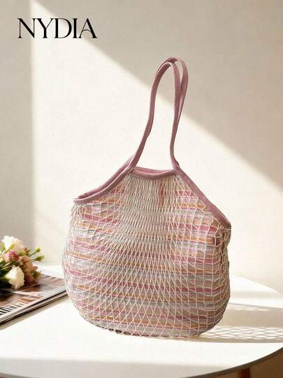 1 chiếc túi tote lưới kẻ sọc hồng trắng kiểu Pháp, túi đeo vai dệt rỗng kiểu mới mùa hè 2026, túi đi biển dung tích lớn thời trang dành cho nữ, túi đeo nách thông thường, túi mua sắm đa năng phù hợp cho kỳ nghỉ, dã ngoại, công sở. Do sự khác biệt về ánh sáng và góc chụp, có thể có sự khác biệt nhỏ về màu sắc, mong quý khách thông cảm.