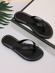 Girl's Solid Color Minimalist Flip Flops, Soft Sole Non-Slip Flat Casual Vacation Beach Slippers, Suitable For Outdoor Vacation And Daily Home Wear - Black - View 5